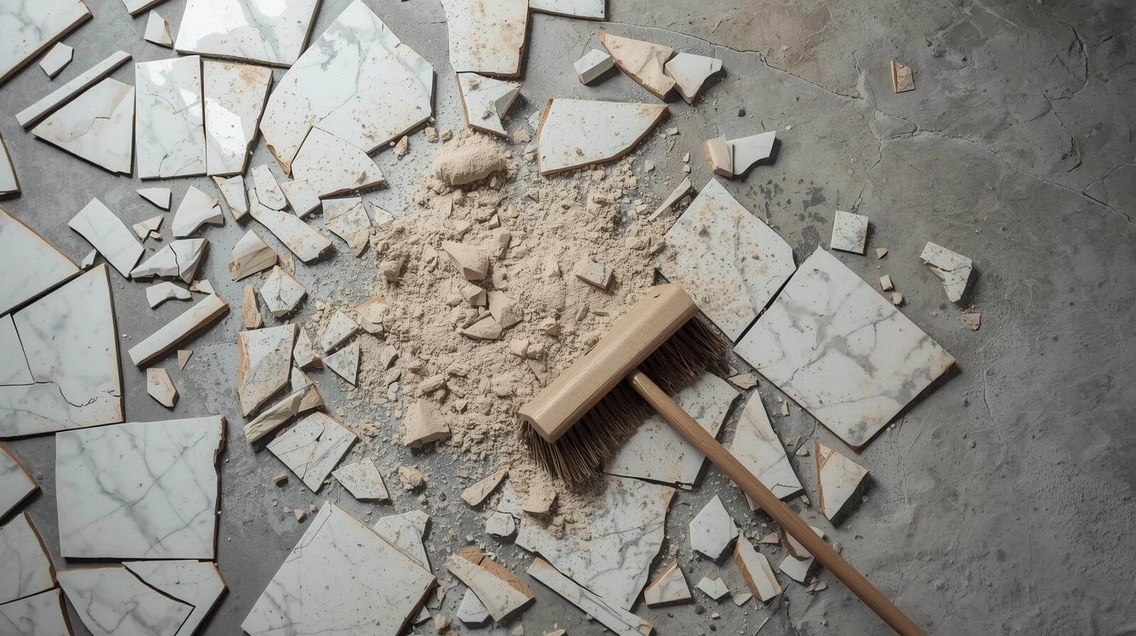 Zerbrochene Fliesen werden im Rahmen einer staubfreien Renovierung aufgefegt.