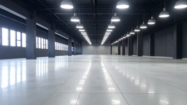 Eine moderne, leere Gewerbehalle mit Industriefliesen.