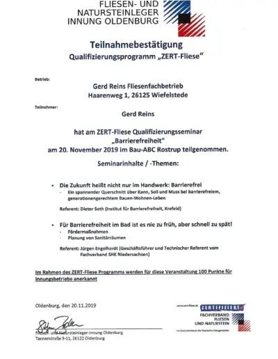 Zertifikat barrierefreie Duschen und Abdichtung Qualifizierungsprogramm Zert-Fliese Gerd Reins