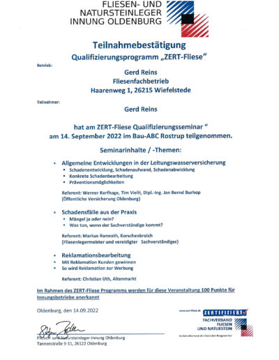 Teilnahmebestätigung Schadensprävention Zert-Fliese