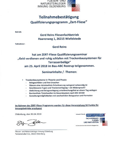 Zertifikat Trockenbausysteme für Terrassenbeläge und Entwässerung Gerd Reins