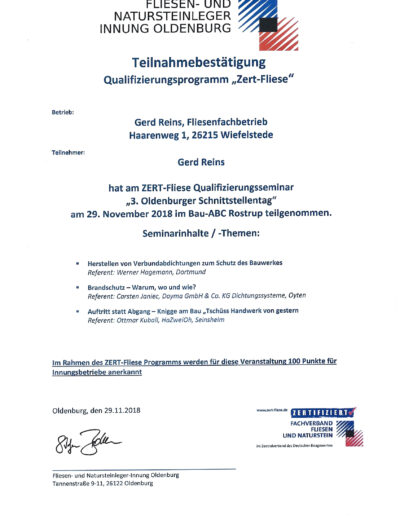 Zertifikat Verbundabdichtungen zum Schutz des Bauwerkes Oldenburger Schnittstellentag