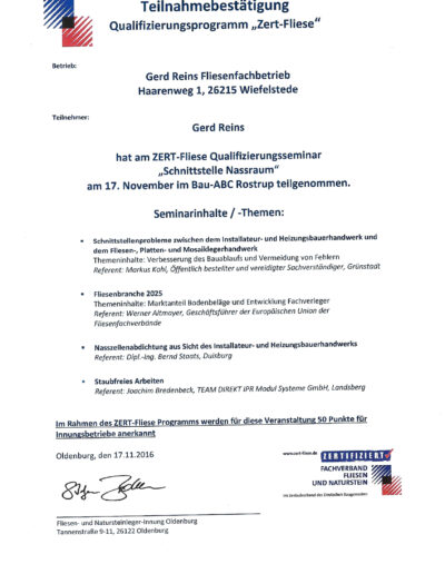 Zertifikat Schnittstelle Nassraum und staubfreies Arbeiten Gerd Reins