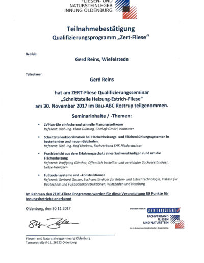 Zertifikat Schnittstelle Heizung-Estrich-Fliese Planung von Fußbodensystemen