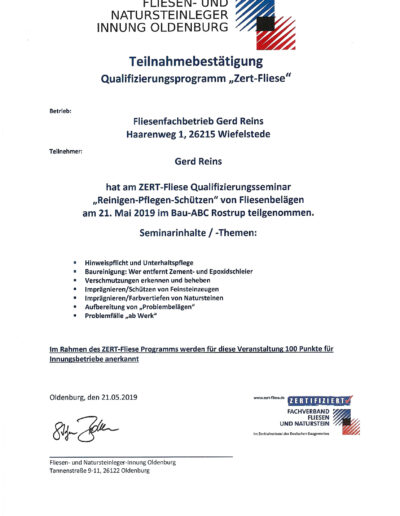 Zertifikat Reinigen Pflegen Schützen von Fliesenbelägen und Naturstein