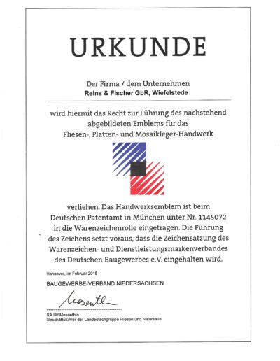 Urkunde Handwerksemblem Baugewerbe-Verband Niedersachsen Fliesen Reins