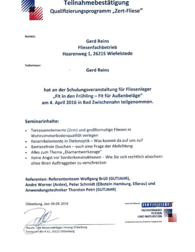 Zertifikat Großformatige Fliesen und barrierefreie Duschen Zert-Fliese Gerd Reins
