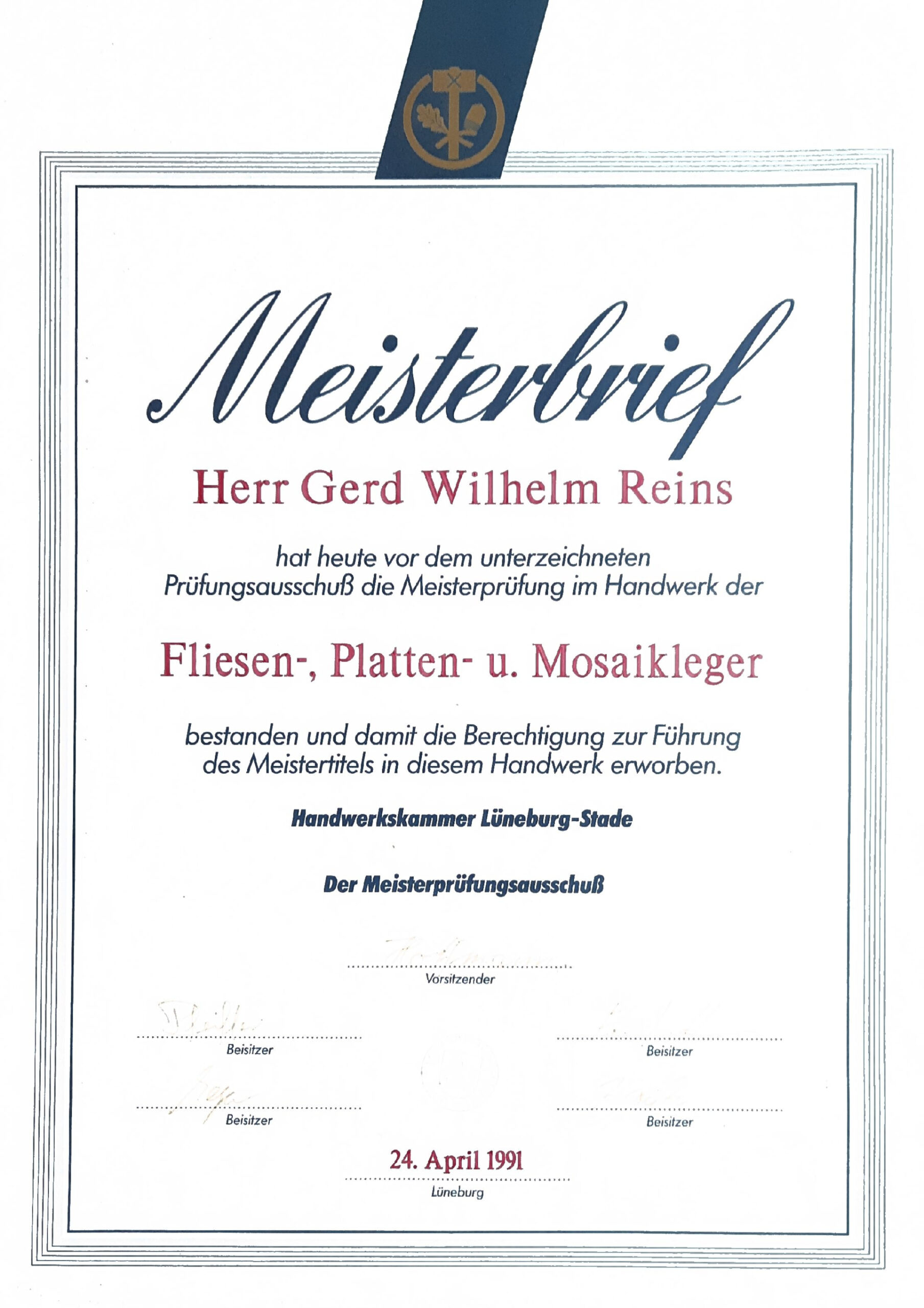 Meisterbrief Fliesen- Platten- und Mosaikleger Gerd Reins Handwerkskammer Lüneburg-Stade
